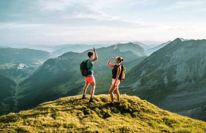 Zwei Wanderer auf einem Berggipfel.