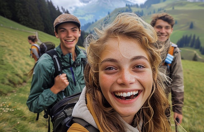 Three young hikers laughing into the camera; a mountain landscape can be seen in the background. 