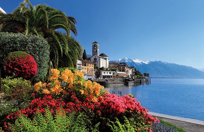 Lake promenade on Lake Maggiore with colourful spring flowers. 